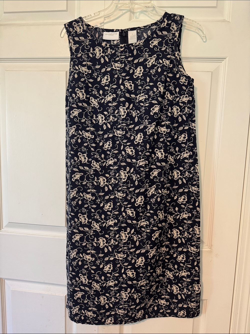 Liz Claiborne Navy and Cream Floral Sleeveless Shift Dress XS ~ linen blended